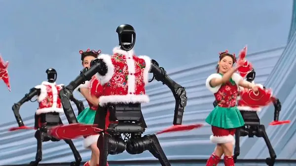 中國杭州宇樹科技在蛇年春晚節目上大秀機器人跳秧歌舞，頗有與美國同業比拚的味道。（翻攝自宇樹科技官網）