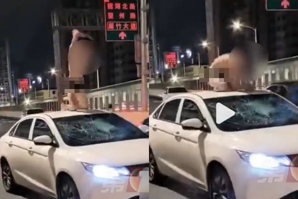 ▲▼陸內褲哥跳車頂猛砸。（圖／翻攝自微博）