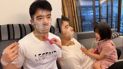 爸爸眼神死！雨天只能家家酒　JR演病患「滿臉膠帶」苦喊：還有殘膠