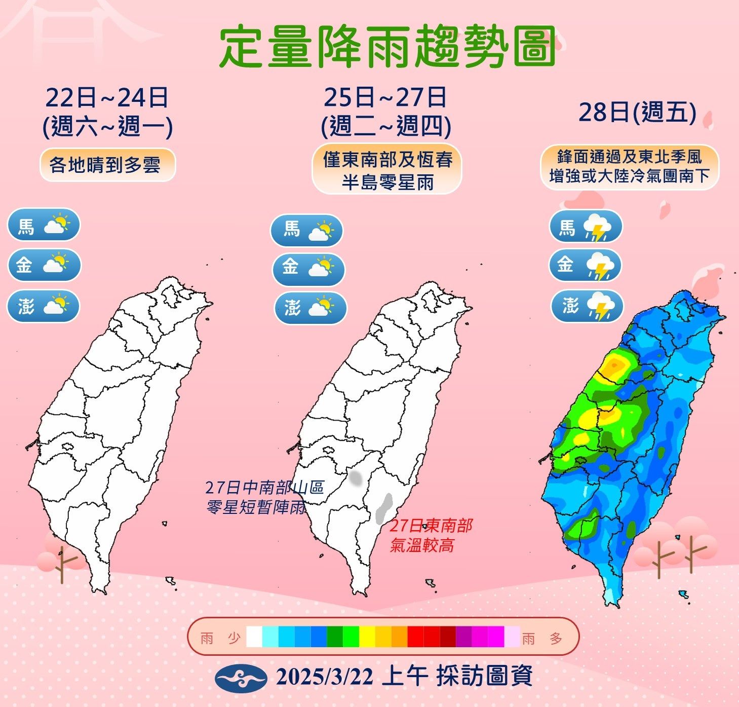 ▲▼明起暖熱如夏到下周四，最高溫飆34度，下周五變天變冬天，最低溫探12度。（圖／氣象署提供）