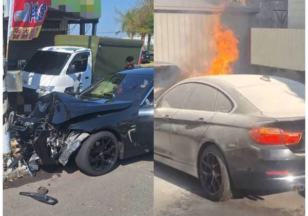 ▲彰化BMW420i自撞電杆又火燒車。（圖／記者唐詠絮翻攝）