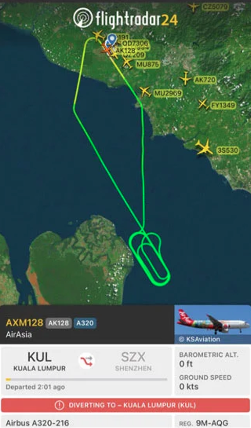▲FlightRadar24的飛行追蹤數據顯示，亞航AK128班機不明原因折返吉隆坡國際機場。（圖／翻攝自FlightRadar24）