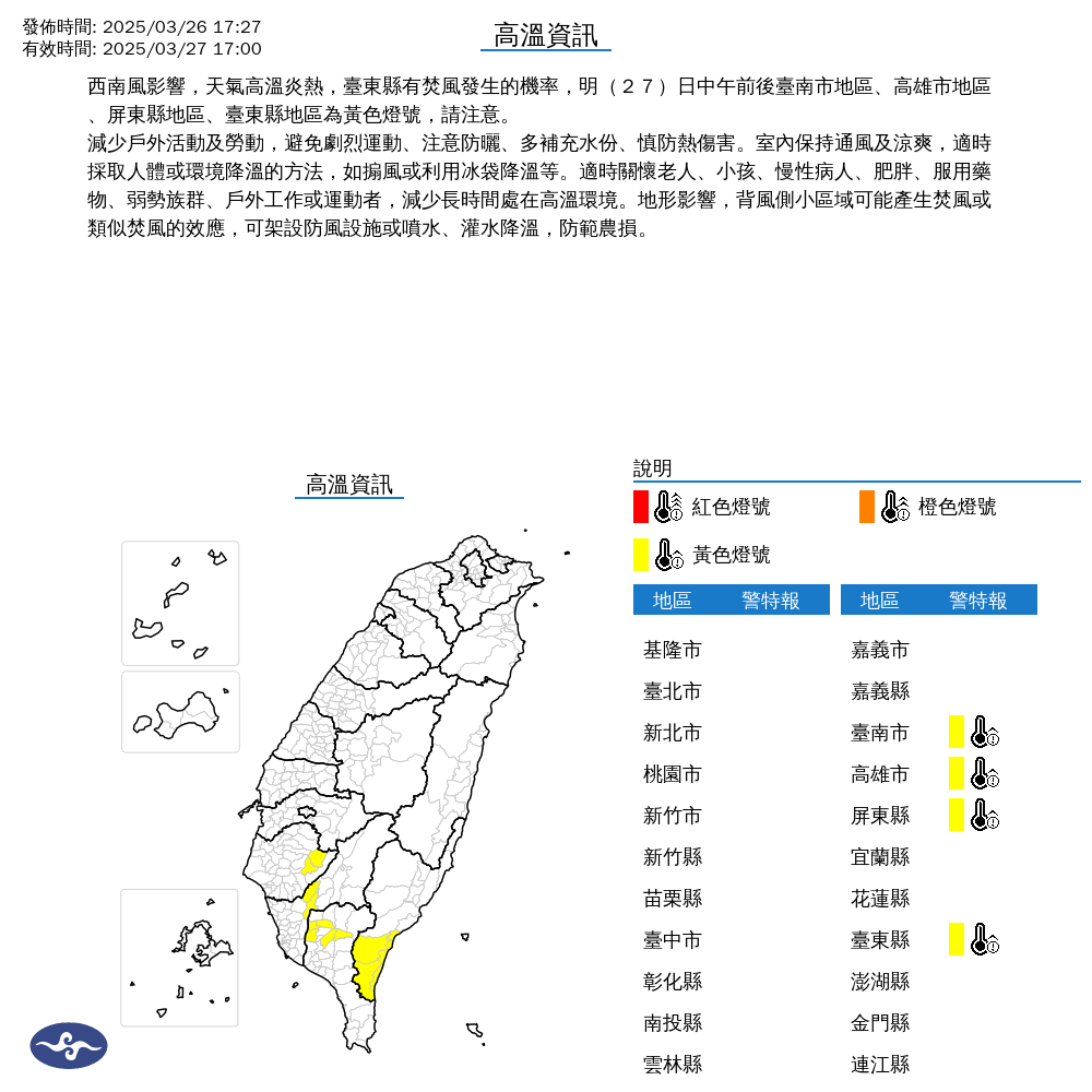 ▲▼高溫燈號。（圖／中央氣象署）