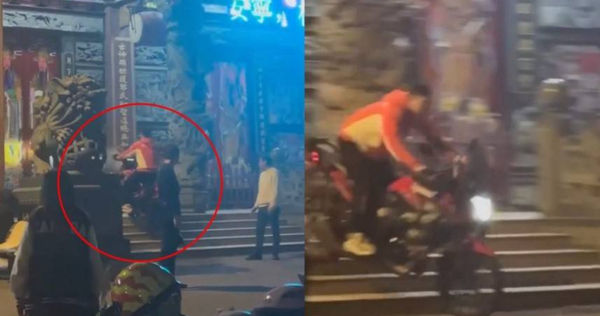 桃園1群89猴在宮廟聚會時，其中1人竟騎越野車在門口上下騎行，危險行徑警方將通知到案。（圖／翻攝輕擋車俱樂部臉書）