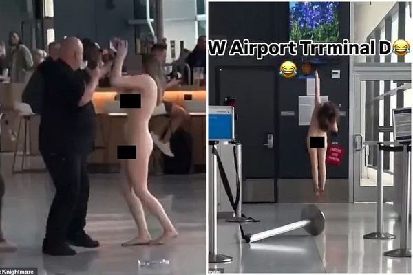 裸女大鬧機場，起乩飛高高！「拍攝者不救」網友給專業解釋。（翻自X平台）