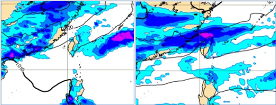 ▲▼模擬下週(30)日8時地面氣壓及降水圖顯示，降雨範圍擴大至中部以北及東半部。（圖／洩天機教室）
