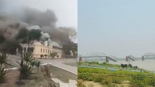 ▲▼緬甸曼德勒大學因強震而火災，實皆省一座大橋崩塌。（圖／翻攝自X）