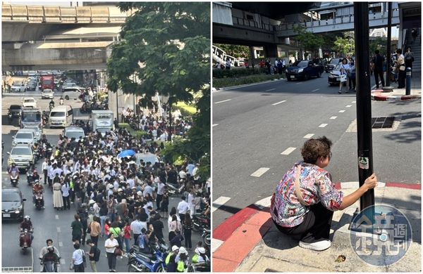 泰國曼谷感到強烈搖晃，民眾紛紛走到馬路上躲避，一位婦人蹲在地上扶著電線桿不敢移動。（讀者提供）