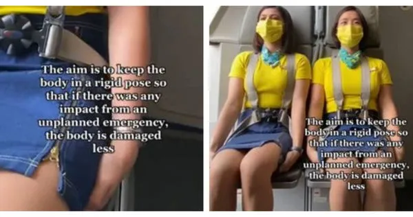 機組人員在飛機起降時坐在手上，目的是減少撞擊時的受傷風險。（圖／翻攝自 Tiktok）