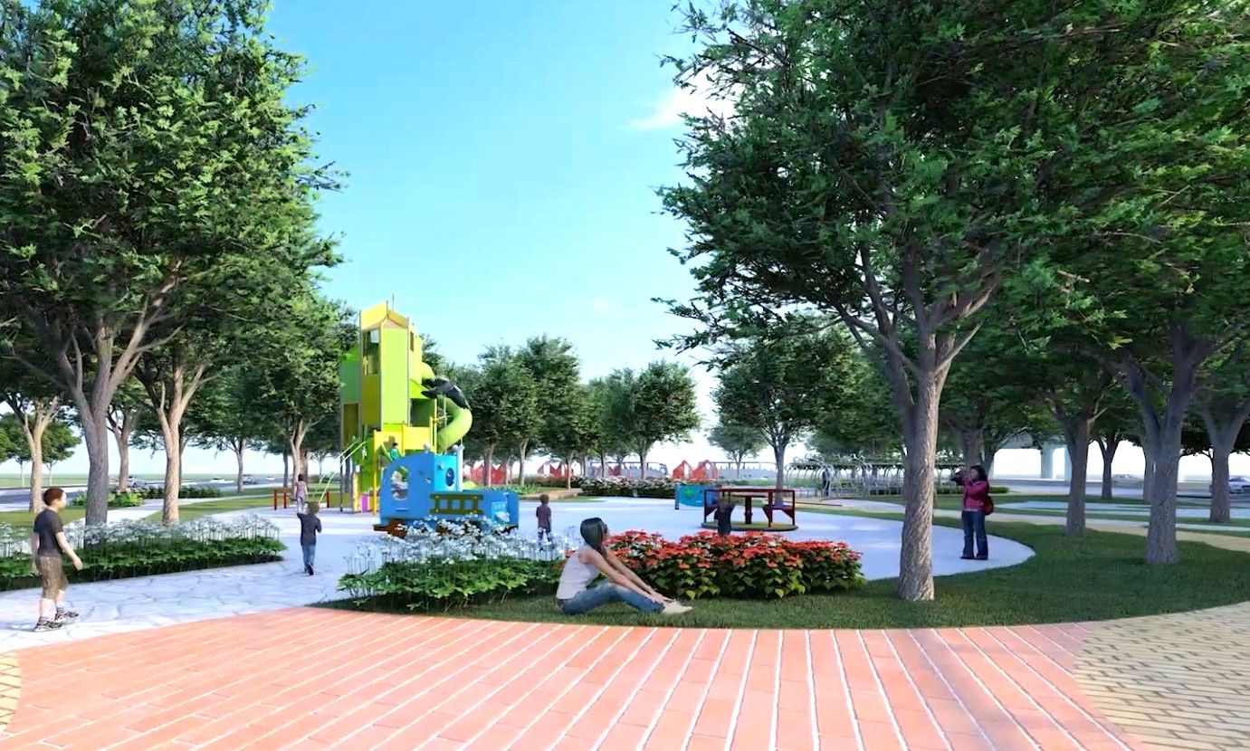 ▲新北塭仔圳重劃進度50% 圍籬新標語預告水綠新都心。（圖／新北市地政局提供）