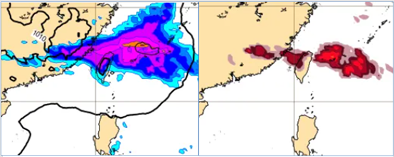 ▲▼台灣附近有明顯降水。同時的閃電密度(前6小時)模擬圖則顯示，海峽中部沿海有雷雨發生，並有移入陸地的機率。（圖／洩天機教室）