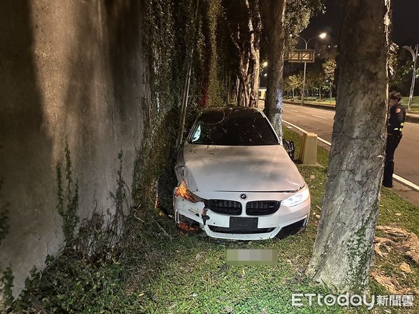 ▲▼▲▼北市中山區樂群一路有1台BMW轎車，衝進路邊草皮卡在防波圍牆、樹木中間。（圖／記者邱中岳翻攝）