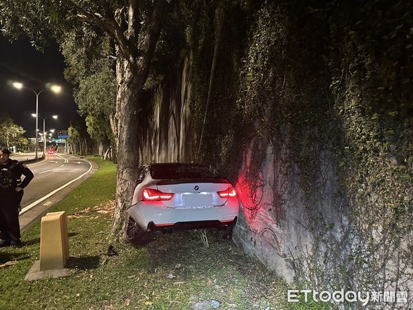 ▲▼▲▼北市中山區樂群一路有1台BMW轎車，衝進路邊草皮卡在防波圍牆、樹木中間。（圖／記者邱中岳翻攝）