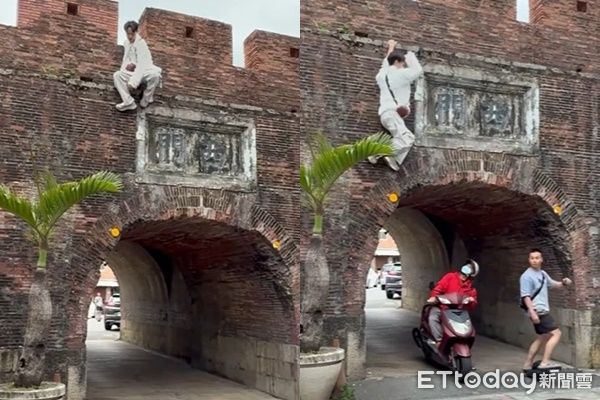 ▲▼恆春白衣男攀古蹟險被撞。（圖／記者陳崑福翻攝）