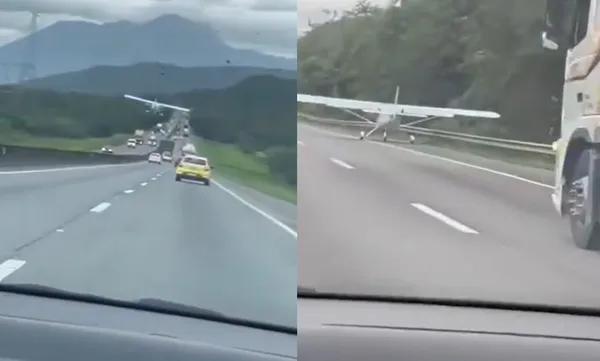 引擎突然出狀況　小飛機驚險迫降在高速公路「差點撞上油罐車」。（圖／翻攝自X）