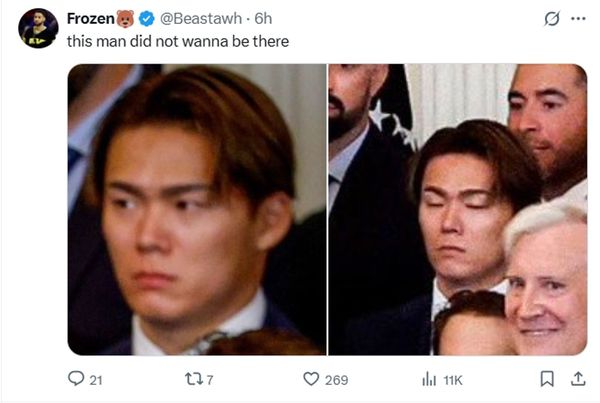 山本由伸站在後面疑似擺臭臉，引發討論。（翻攝自X）