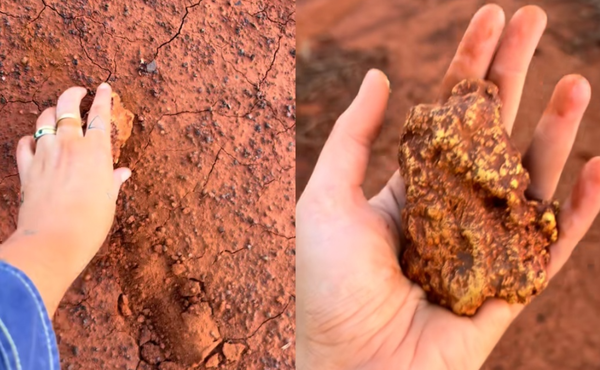 巨大金塊藏在紅土中　女挖出後開心PO網：價值260萬元的寶物。（圖／翻攝自TikTok／tylermahoney8）