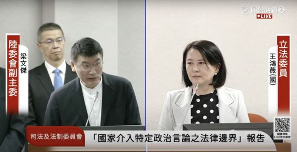 ▲▼陸委會副主委梁文傑,國民黨籍立委王鴻微。（圖／翻攝立院直播）