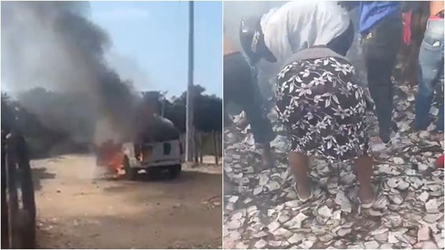 ▲▼歹徒撒了「滿地鈔票」村民瘋搶畫面曝光！　。（圖／翻攝X）