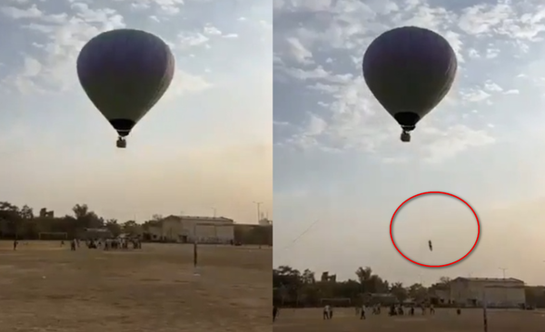 驚悚畫面曝！熱氣球升空男意外被繩子纏住　帶上18公尺高空亡。（圖／翻攝自X）