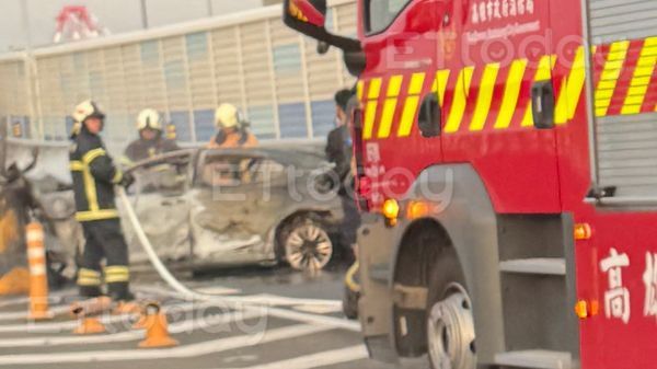 ▲國道南下前鎮區通往旗津與貨櫃中心分隔島，一輛車子起火燃燒            。（圖／記者吳奕靖翻攝）