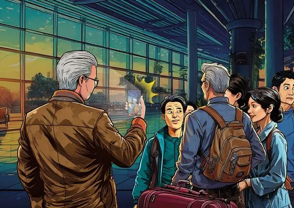 范植谷與林清發搭同一班飛機出國，林指控范在機場、飛機上偷拍他。（AI繪圖Adobe Firefly生成，本刊美術組後製）