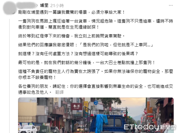 ▲大馬路遇柴犬「追車、亂竄」　目擊者上前詢問飼主：是狗不願上車。（圖／網友提供，請勿隨意翻拍，以免侵權。）
