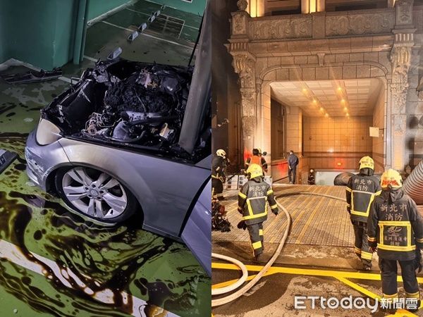 ▲▼快訊／新北市林口地下停車場「火燒車」白煙狂竄。（圖／記者陳以昇翻攝）