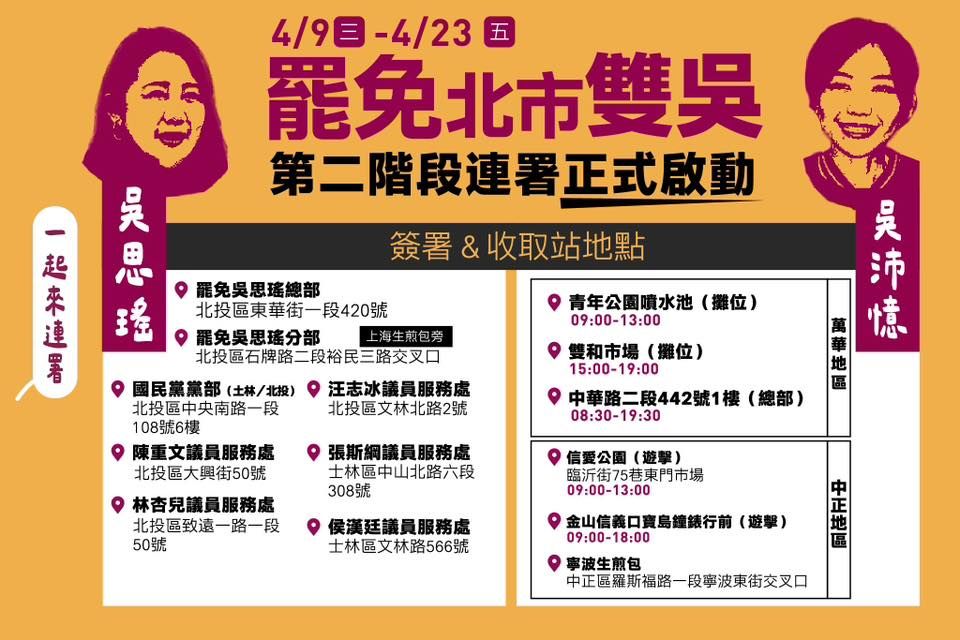 ▲▼國民黨台北市議員詹為元號召出門連署「罷免雙吳」。（圖／翻攝自Facebook／詹為元）