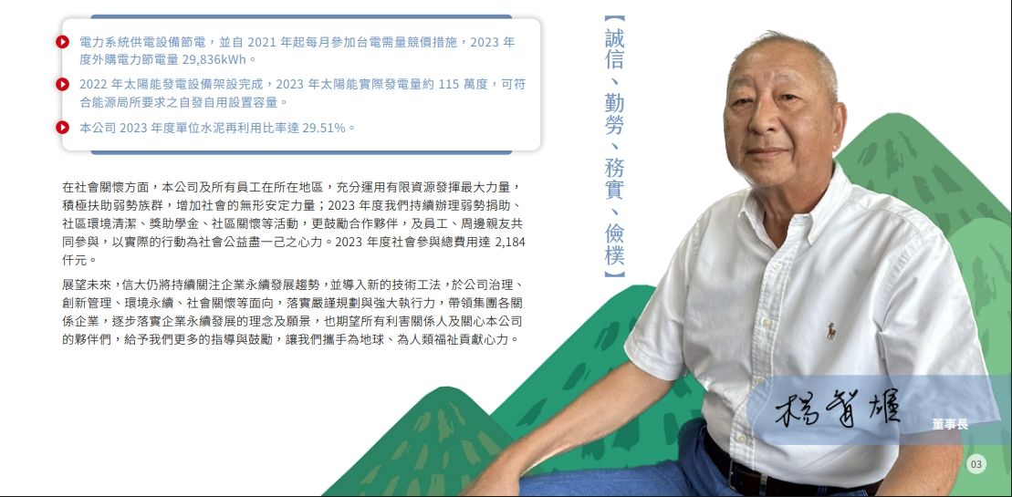 ▲▼信大水泥董事長楊智雄。（圖／ 翻攝公司2023永續報告書、官網）