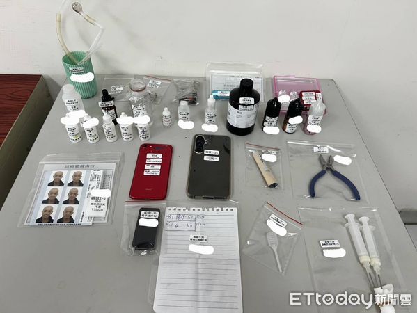 ▲台南市少年警察隊聲請搜索票，14日兵分多路前往仁德區、東區等地同步查緝破獲菸彈製毒場，起獲依托咪酯原液334.91公克、菸彈成品10顆等物，緝獲毒犯10人依毒品罪嫌送辦。（圖／記者林東良翻攝，下同）