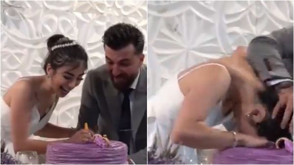 ▲▼新娘「遭老公壓頭」毀了！長髮沾滿蛋糕糖霜　一票人氣炸：快離婚。（圖／翻攝X）