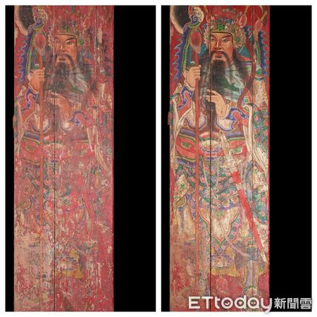 ▲台南市一般古物「陳德聚堂神荼鬱壘門神彩繪」，經過國立台南藝術大學吳盈君副教授團隊進行修護、清整與加固工作後，使得原本陳玉峰藝師的彩繪層以其原有的樣貌，再現風華。（圖／記者林東良翻攝，下同）