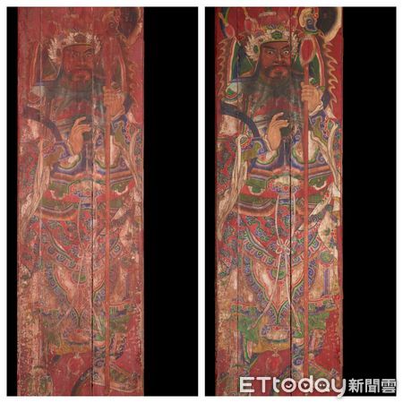 ▲台南市一般古物「陳德聚堂神荼鬱壘門神彩繪」，經過國立台南藝術大學吳盈君副教授團隊進行修護、清整與加固工作後，使得原本陳玉峰藝師的彩繪層以其原有的樣貌，再現風華。（圖／記者林東良翻攝，下同）