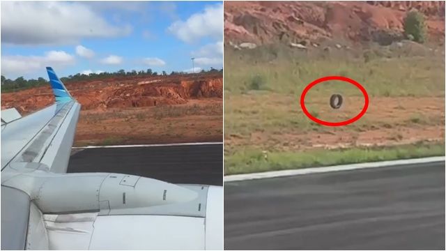 ▲▼飛機降落撞一下！　乘客轉頭驚見「輪子噴飛」滾走了。（圖／翻攝X）