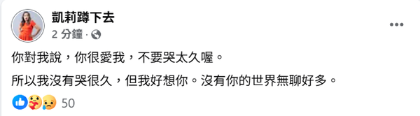 ▲▼百靈果凱莉心碎發文「妳說很愛我」不捨好友天殘逝世。（圖／翻攝自Facebook／凱莉蹲下去）