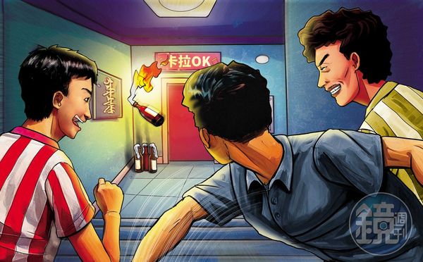 在夏文義教唆下，王正浩、葛姓少年及綽號哈比的男子，丟擲汽油彈縱火。（AI繪圖Adobe Firefly生成，本刊美術組後製）