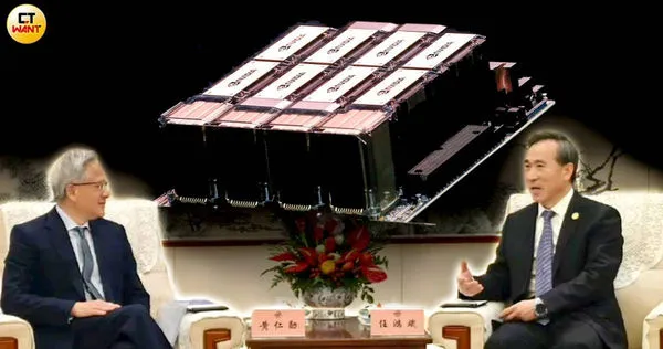 美中貿易戰加劇，輝達晶片再度受阻，讓黃仁勳17日到北京跟中國官員座談。（圖／黃耀徵攝、翻攝自央視）