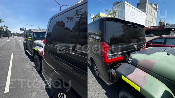 ▲一輛軍用車輛撞上被稱為「大型運兵車」的舊款商旅車            。（圖／記者吳奕靖翻攝）