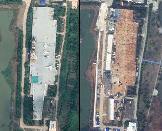 ▲▼最新衛星照片顯示武漢航母樓又發生變化，甲板寬度明顯更寬，據測量分析已逾83米，較美軍福特級航母多出5米。（圖／翻攝自大陸網站）