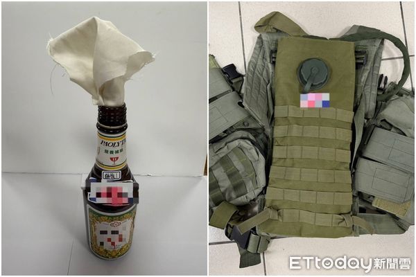 ▲戰術背心「插2煤油玻璃瓶」！新竹男掏打火機闖派出所喊：要放火。（圖／記者楊永盛翻攝，下同）