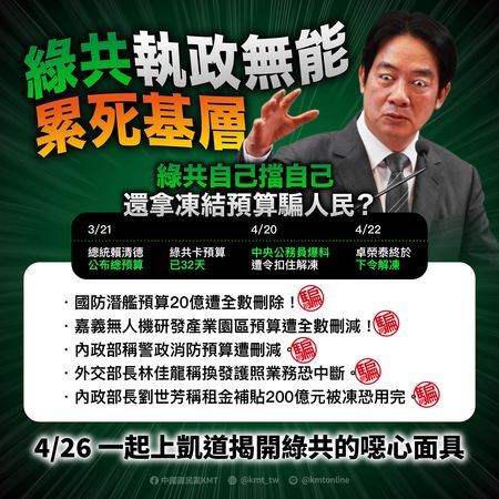 ▲國民黨批評，綠共自己擋自己，還拿凍結預算騙人民？（圖／國民黨提供）