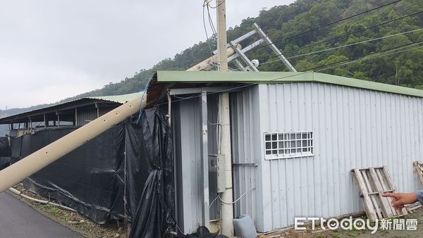 ▲苗栗三義鄉發生砂石場護坡倒塌，連帶造成台電6支電桿斷裂，壓毀工寮和造成停電。（圖／記者楊永盛翻攝）