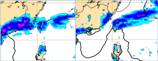 ▲▼下週一(28日)20時地面氣壓及降水模擬圖顯示，另一鋒面快速移入、天氣再轉、有局部陣雨或雷雨。（圖／洩天機教室）