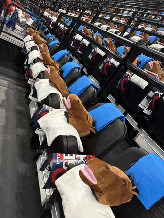 ▲▼快艇球迷戴馬頭干擾約基奇。（圖／翻攝自X／@katywinge）