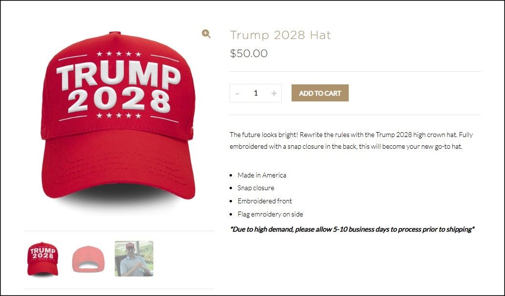 ▲▼全球惡夢…川普要拚第三任？美媒爆「Trump 2028」應援帽開賣。（圖／翻攝自Trumpstore）