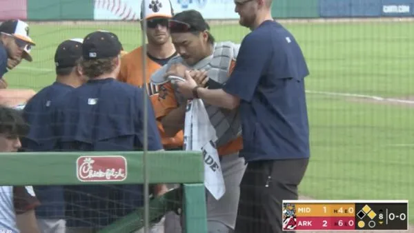 ▲林家正挨球吻、被撞飛。（圖／截自MiLB TV）