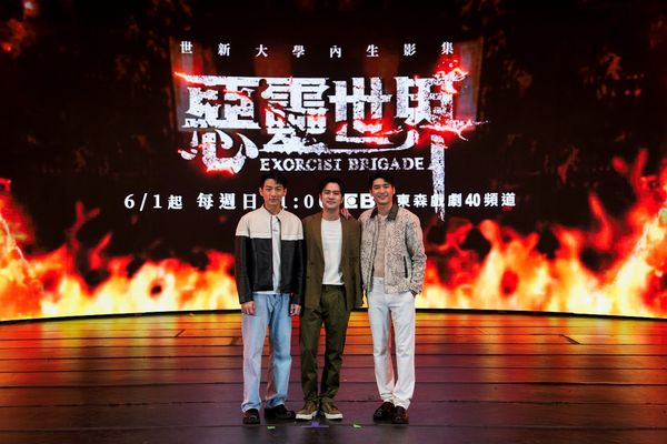 圖四：世新校友演員涂善存（右）、顏毓麟（中）、鍾岳軒（中）分別演出密宗活佛、暗黑神父與通靈少年。（圖／世新大學提供）