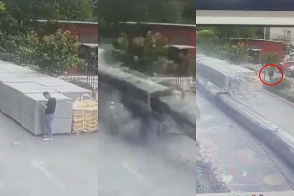 23層樓高吊臂傾倒，陸男差1秒閃過死神。（圖／翻攝自微博／1024專員）