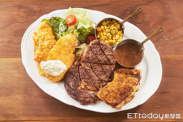 ▲樂雅樂沙朗牛排炸魚鮮蔬拼盤、蔥鹽燒牛排御膳 。（圖／樂雅樂提供）